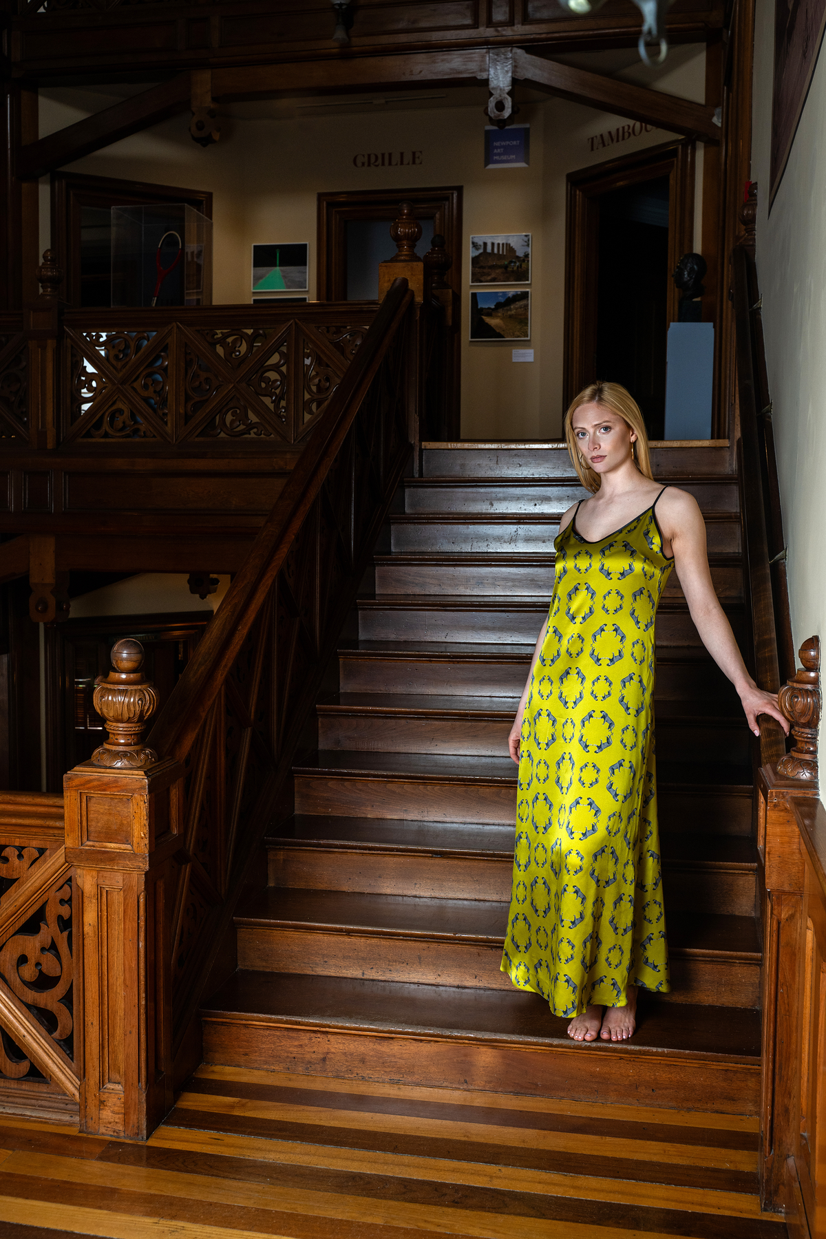 Leopard Stroll in Chartreuse Silk Slip Dress