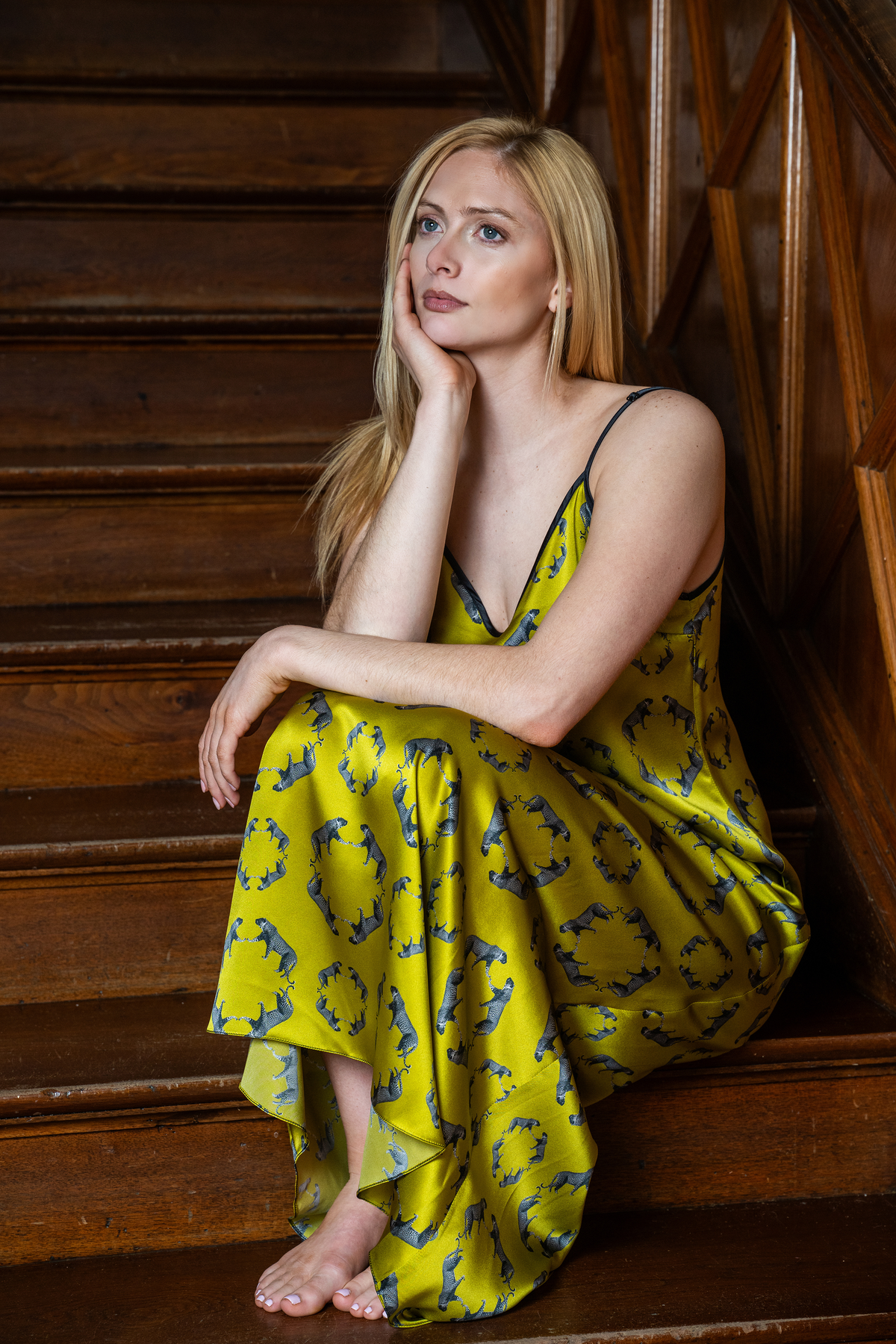 Leopard Stroll in Chartreuse Silk Slip Dress