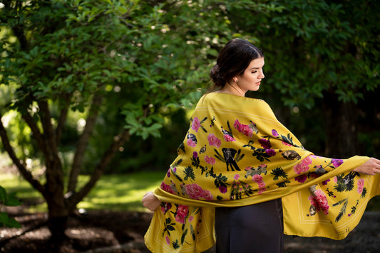 The Engagement Print Silk Shawl in Chartreuse