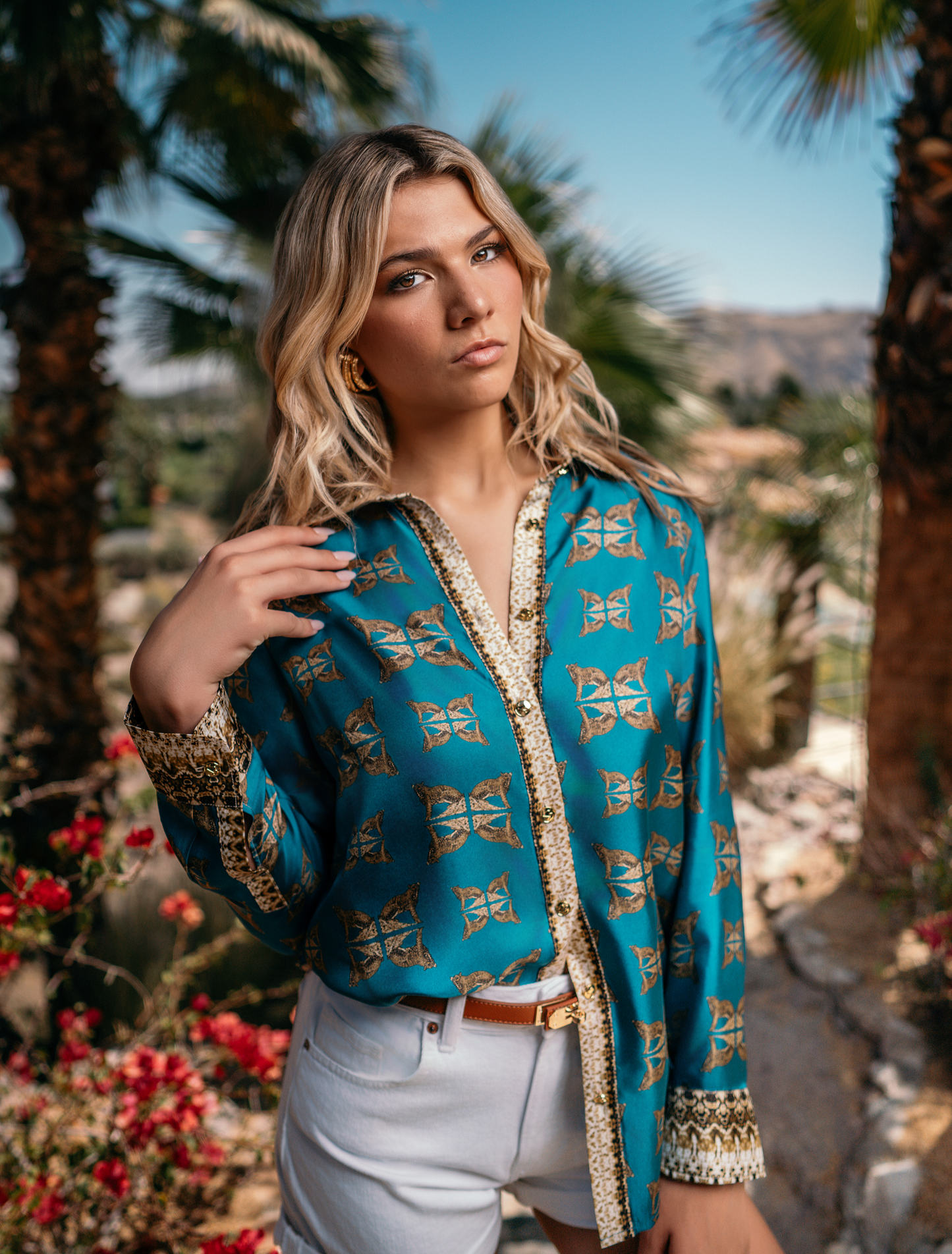 Leopard Gold Button-Down Blouse in Teal